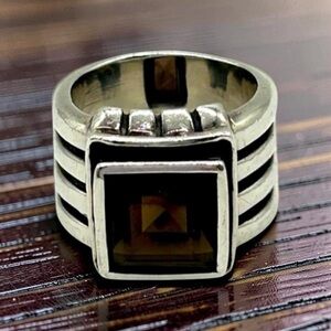 R1041 Silpada 925 Sterling Silver & Smoky Quartz Wide Band Ribbed Ring Size 6.5